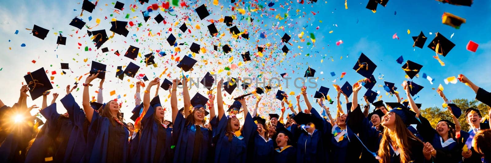 academic caps in the air at graduation. Selective focus. people.