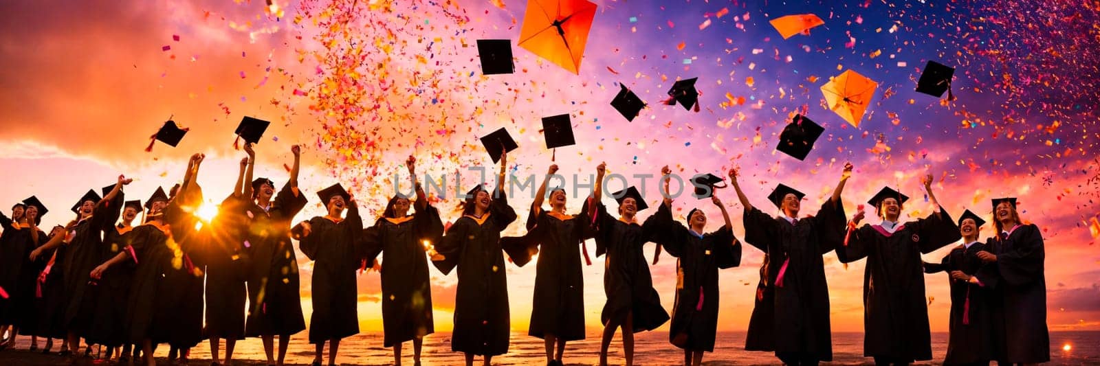 academic caps in the air at graduation. Selective focus. people.