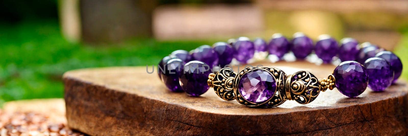 beautiful bracelet with amethyst. Selective focus. purple.
