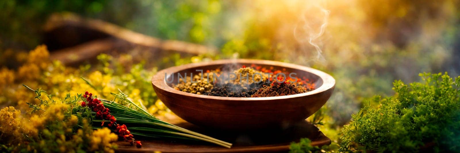 plate with herbs and incense on a forest background. Selective focus. by yanadjana