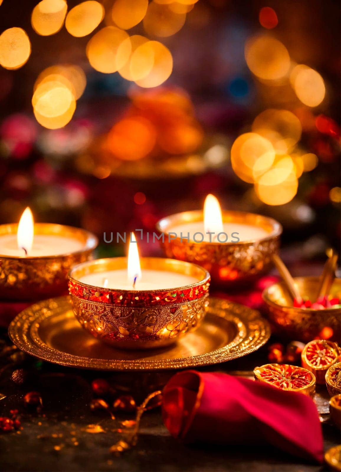 candles and decorations for Diwali. Selective focus. by yanadjana