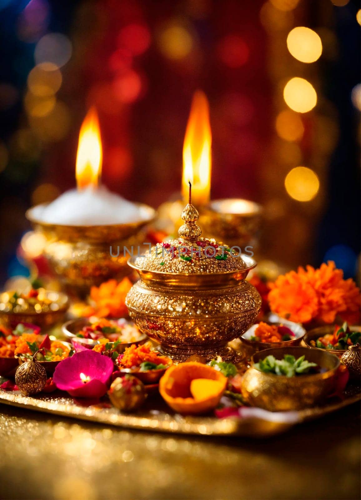 candles and decorations for Diwali. Selective focus. by yanadjana