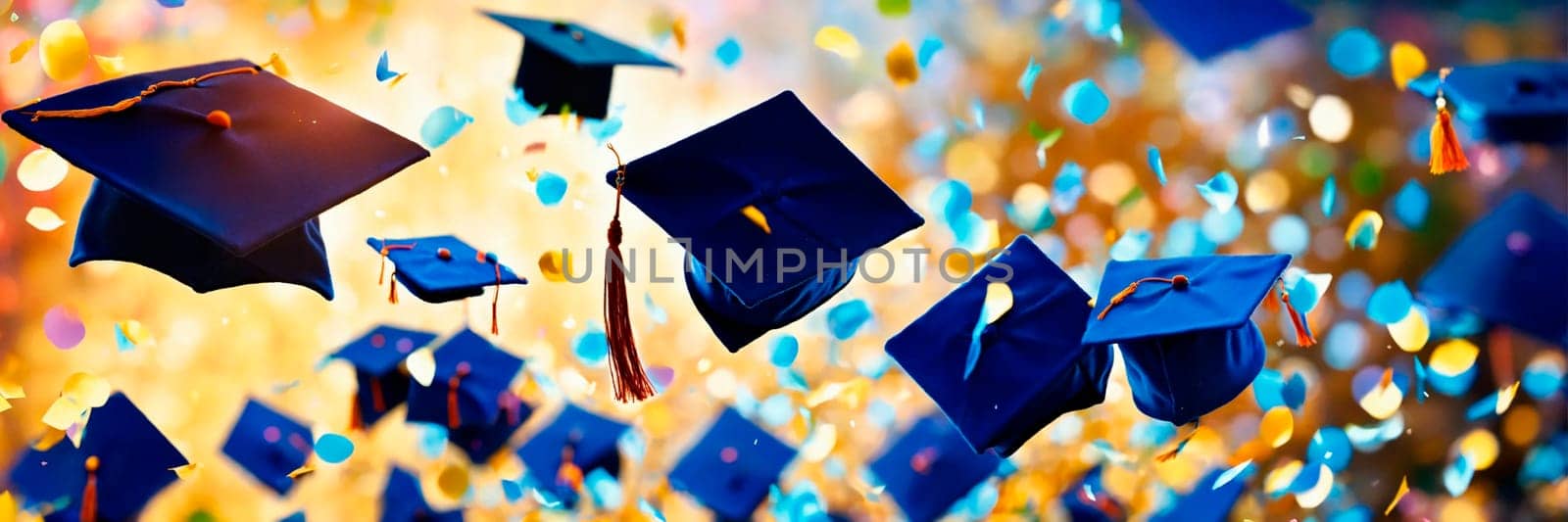 academic caps in the air at graduation. Selective focus. people.