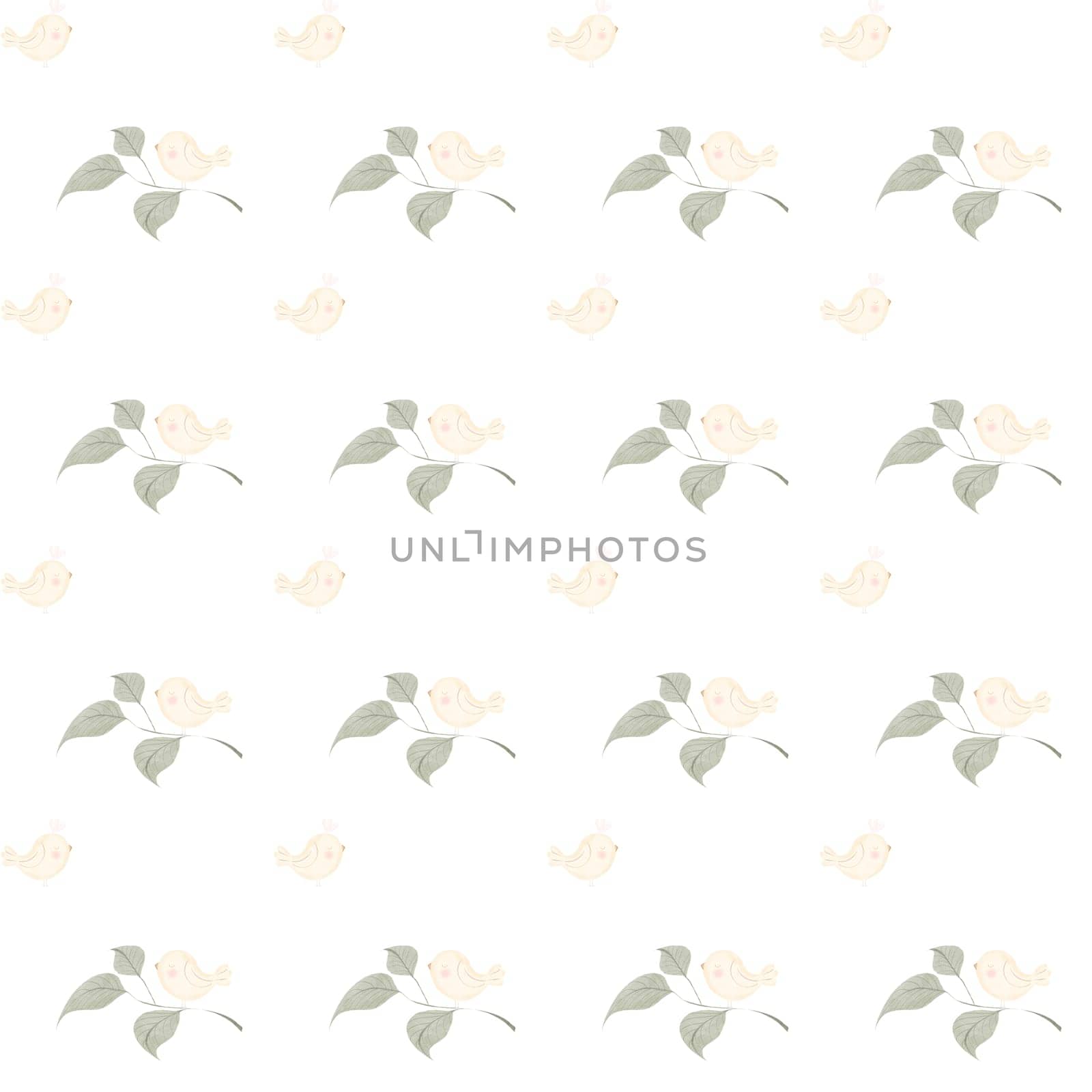 Watercolor pattern with cute birds on a branch. Seamless baby illustration. For printing on children's textiles in pastel colors. Children's design by TatyanaTrushcheleva
