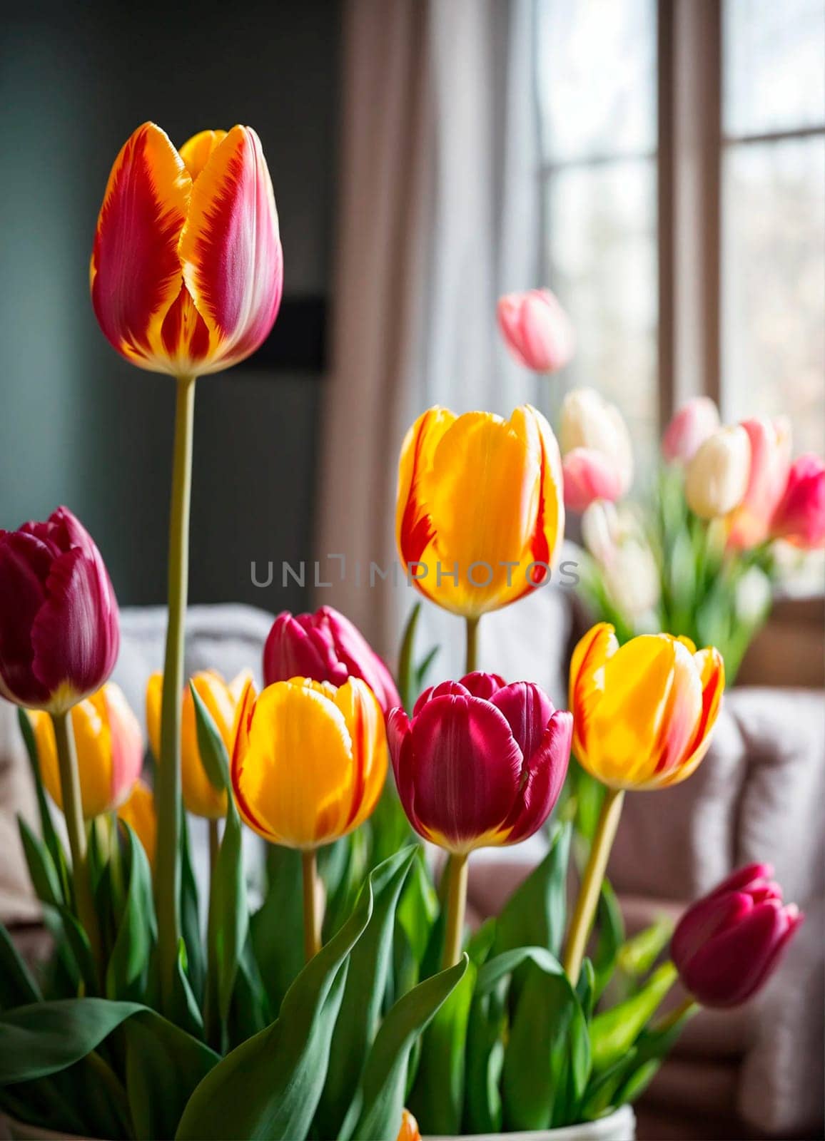 bouquet of beautiful tulips in the room. Selective focus. nature.