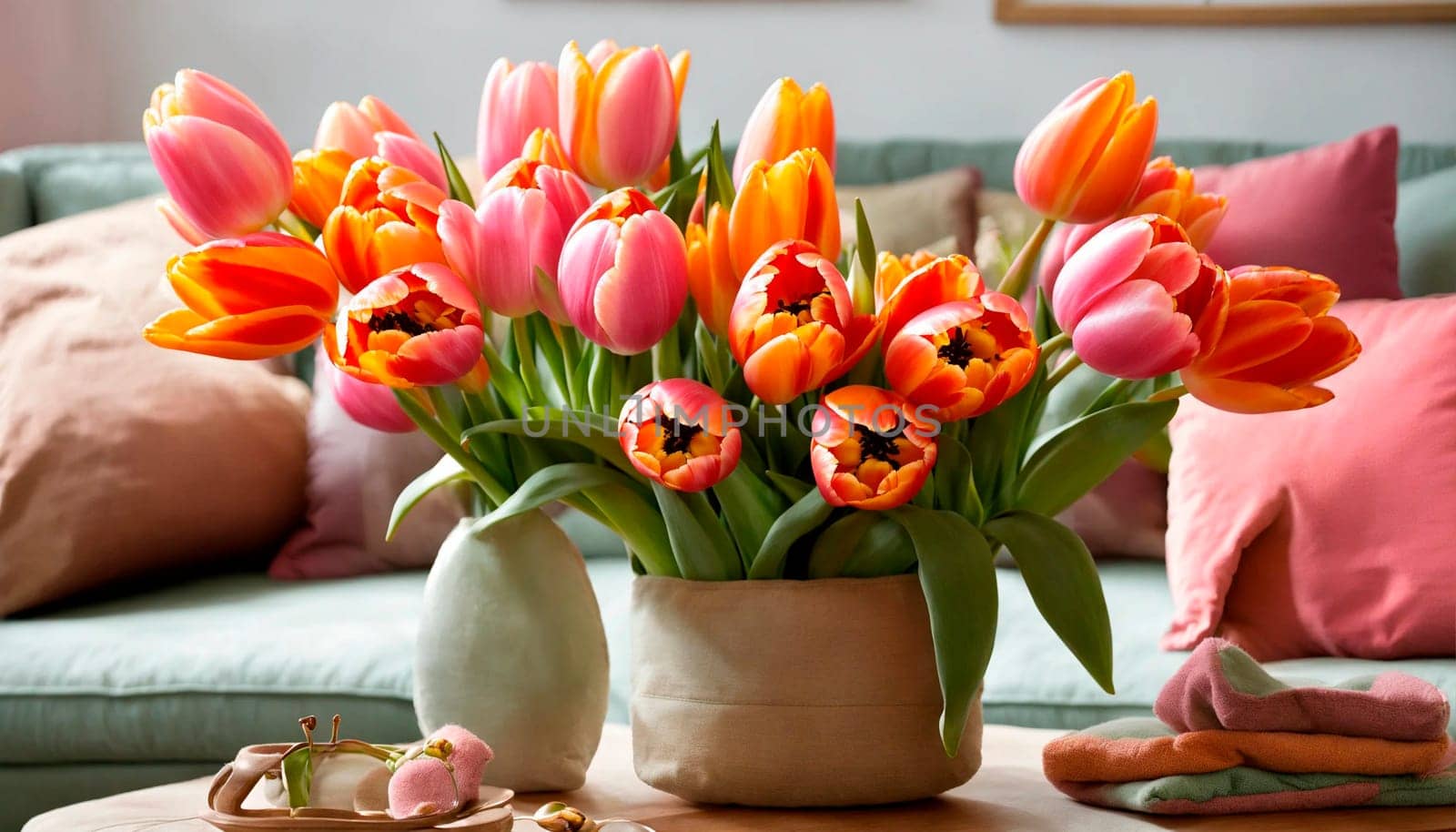 bouquet of beautiful tulips in the room. Selective focus. nature.