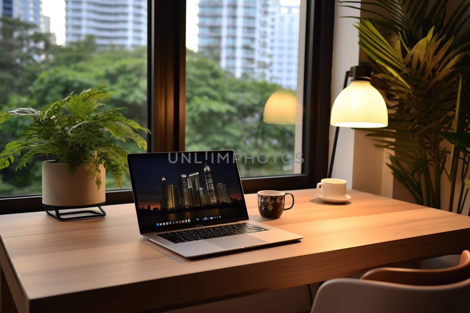 A modern laptop on a wooden tabletop near huge panoramic windows. Live plants in a pot. Remote work concept