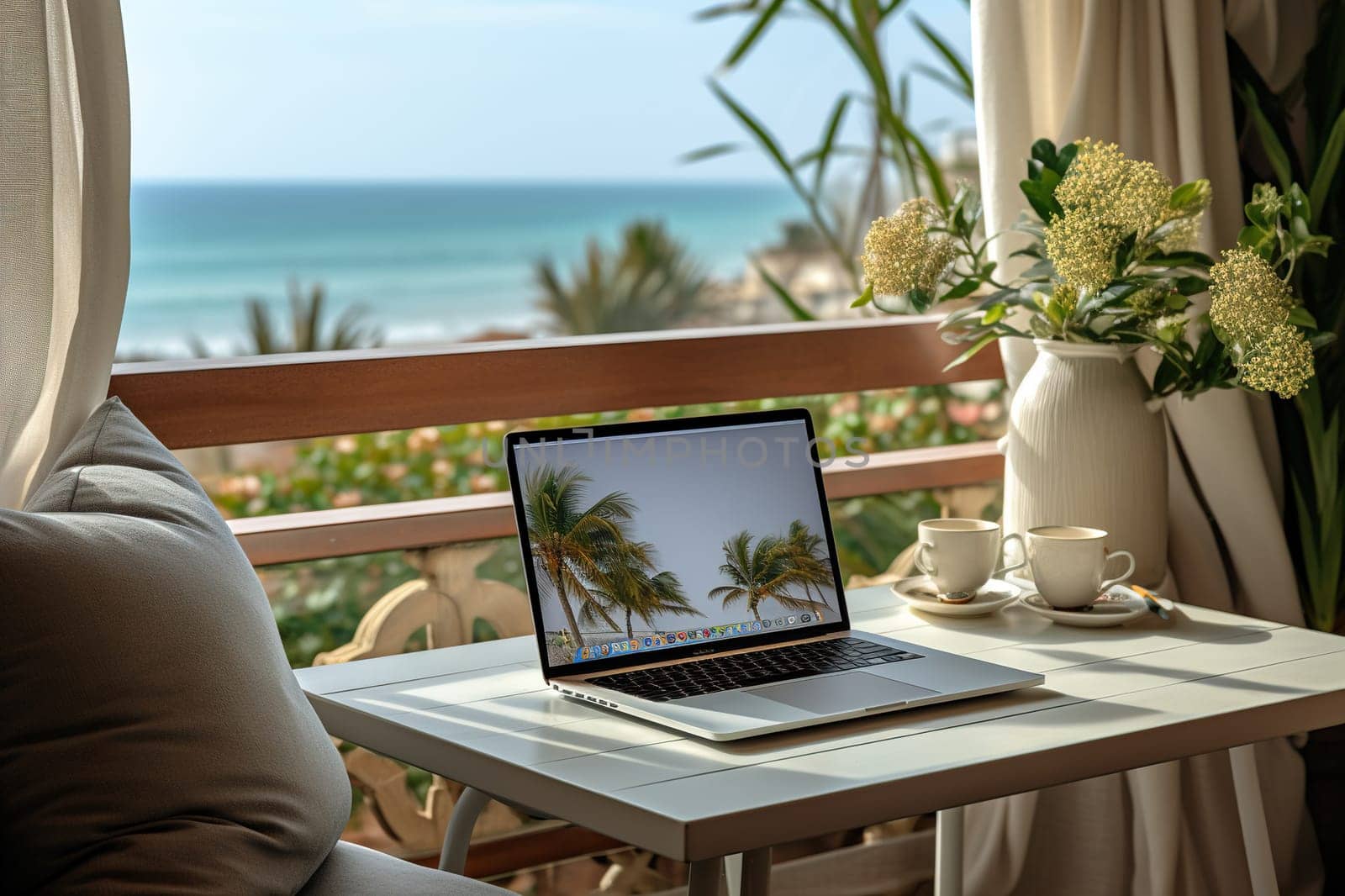 The laptop stands on the table overlooking the sea and the beach.. Freelance concept.