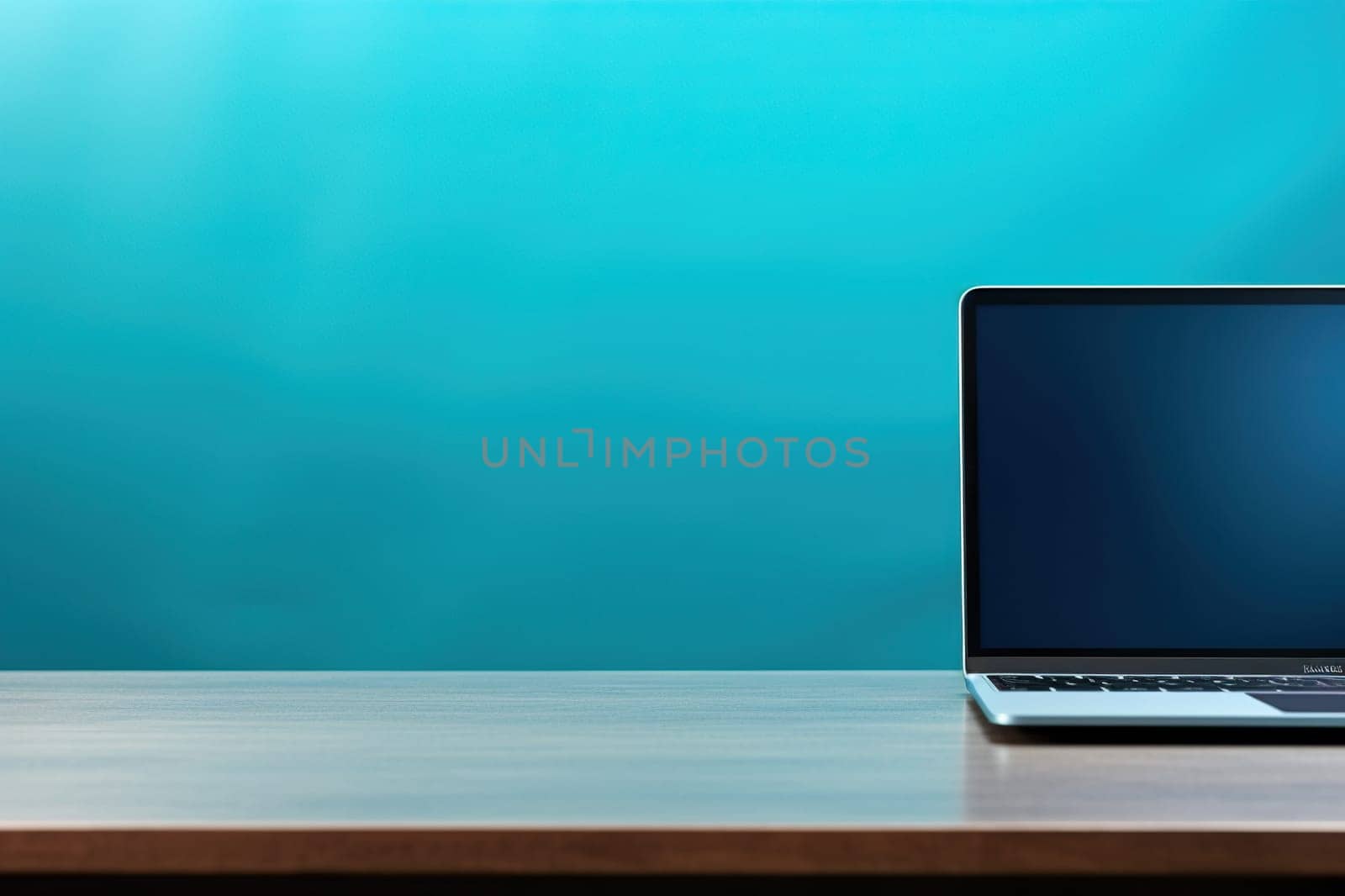 Horizontal blurred background with a laptop on the right on a wooden table.