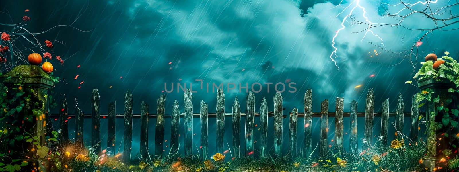 A wooden fence stands in a grassy field with a dramatic lightning storm in the background under a stormy sky filled with cumulus clouds