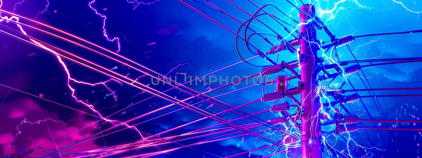 A vibrant purple lightning bolt is striking from the power line, illuminating the sky with its electric blue hue