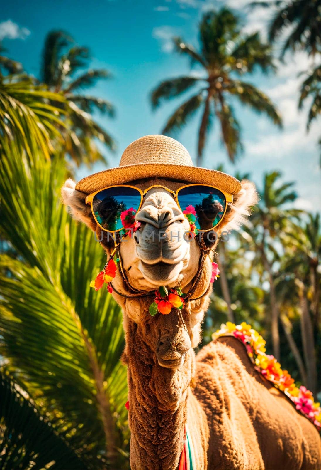 portrait of a camel against the background of palm trees. Selective focus. by yanadjana