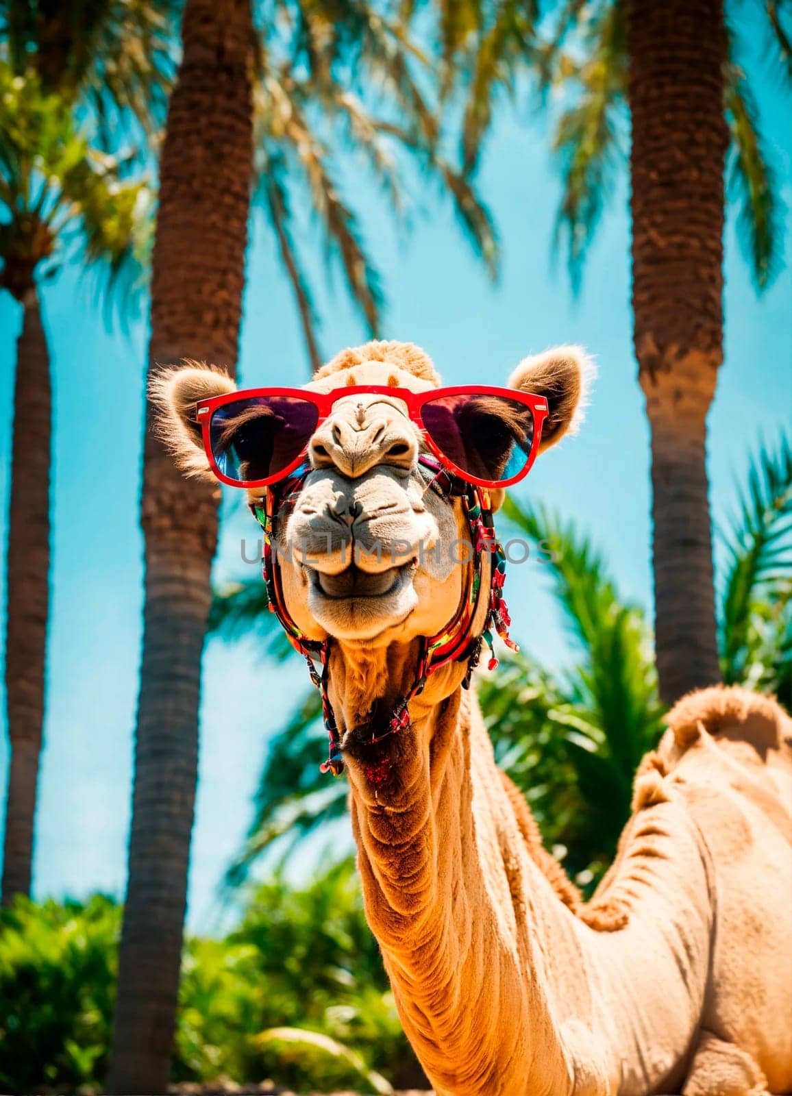 portrait of a camel against the background of palm trees. Selective focus. by yanadjana