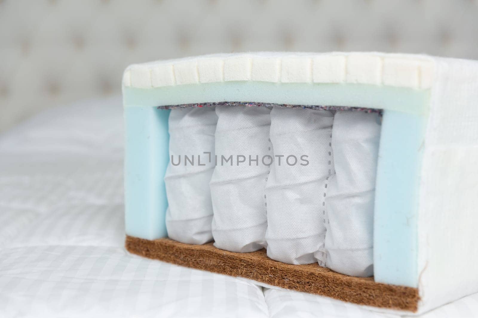 Sample of modern orthopedic mattress on textile. Mattress in section with springs on white background. Part of the mattress for familiarization with the materials.