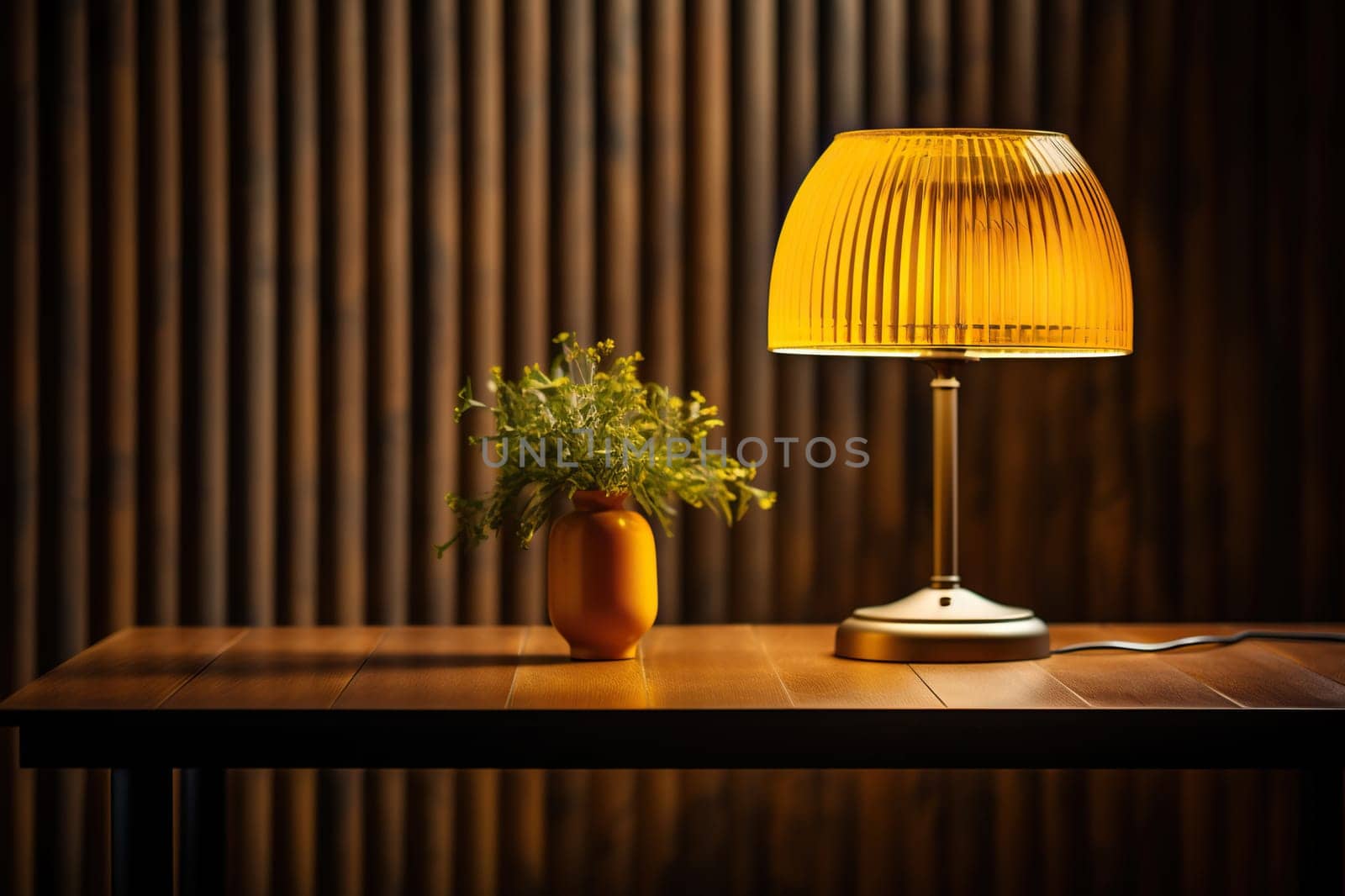 Yellow table lamp on a wooden surface with a plant in the pot, cozy warm light.