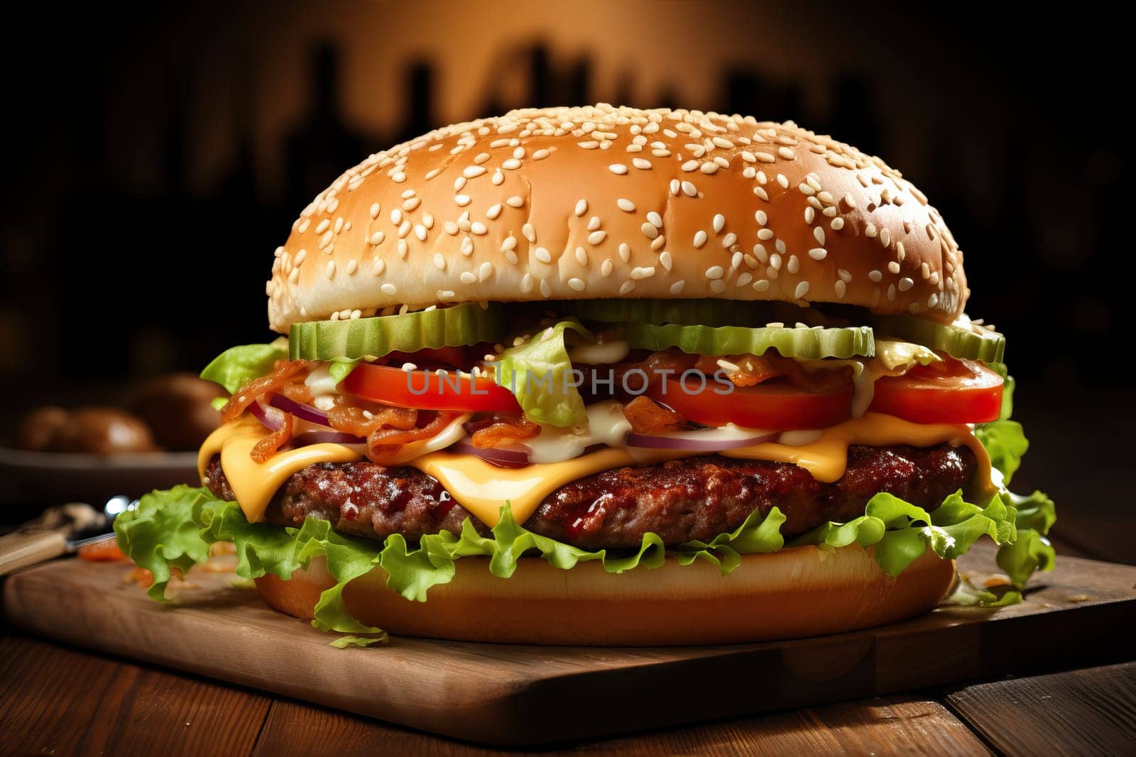 the most delicious mega burgers on a wooden board on a black background.