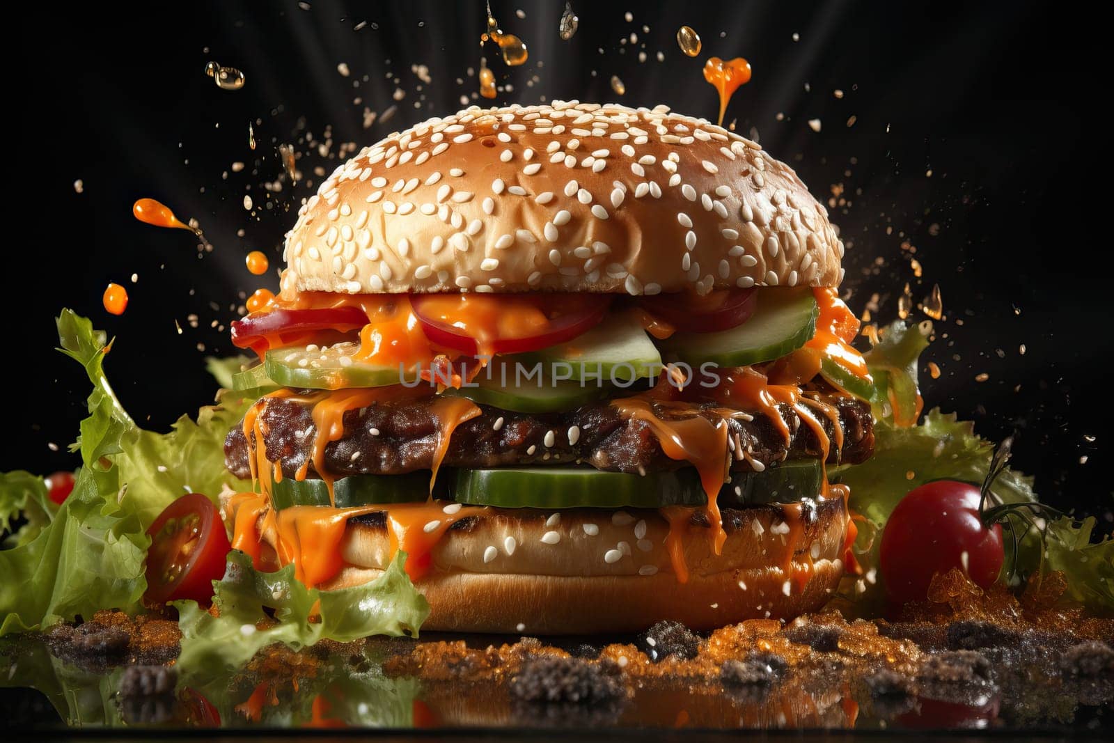 Mega tasty burger on a black background with splashes of sauce, tasty and filling fast food.