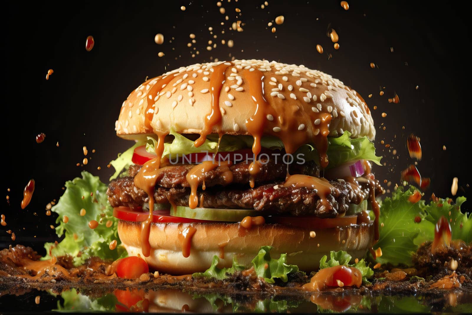 Mega tasty burger on a black background with splashes of sauce, tasty and filling fast food.