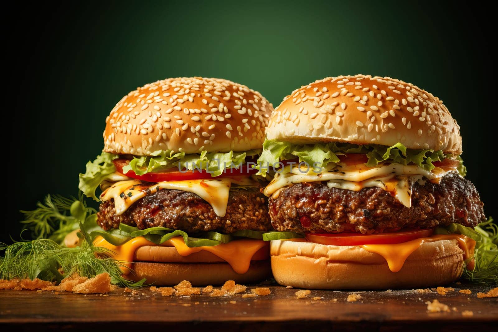 Two burgers on a tray with a black and green background, hearty fast food.
