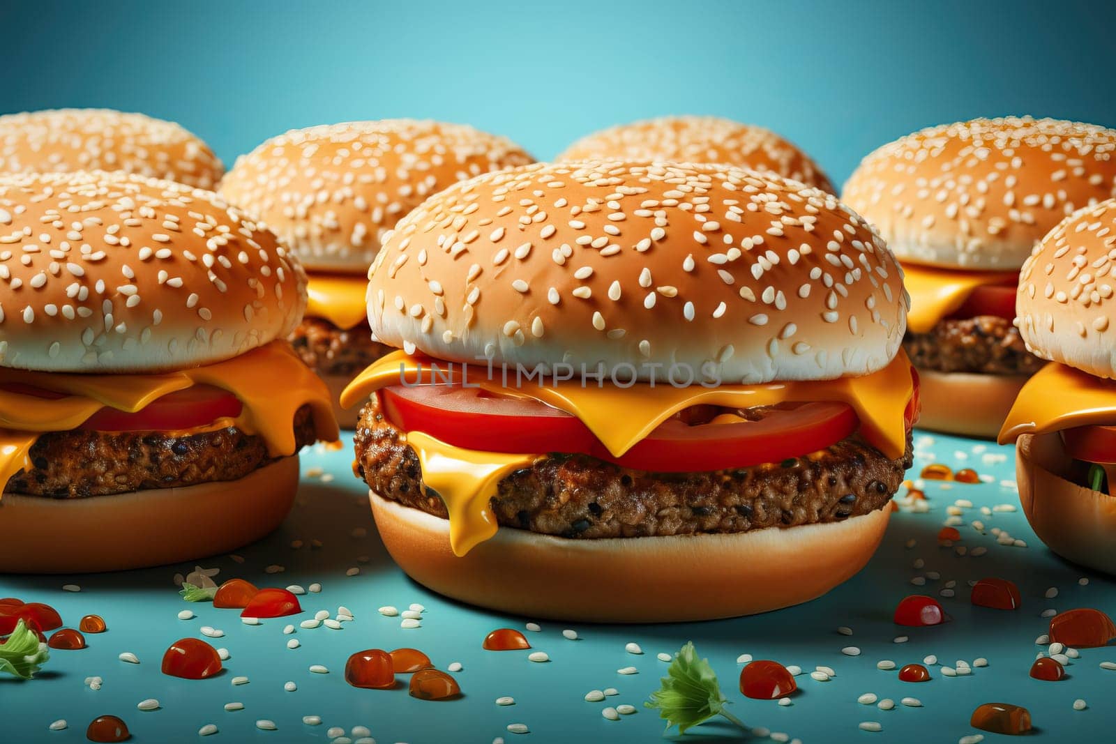 A set of hamburgers on a blue background, a banner for advertising burgers.