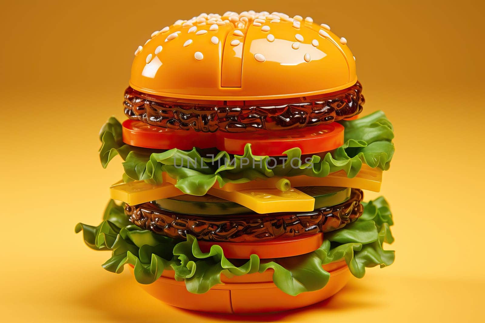 Plastic burger, salad, tomato, on a yellow background. Vertical orientation. Children's toy. The concept of harmful artificial food. Plastic Not organic.