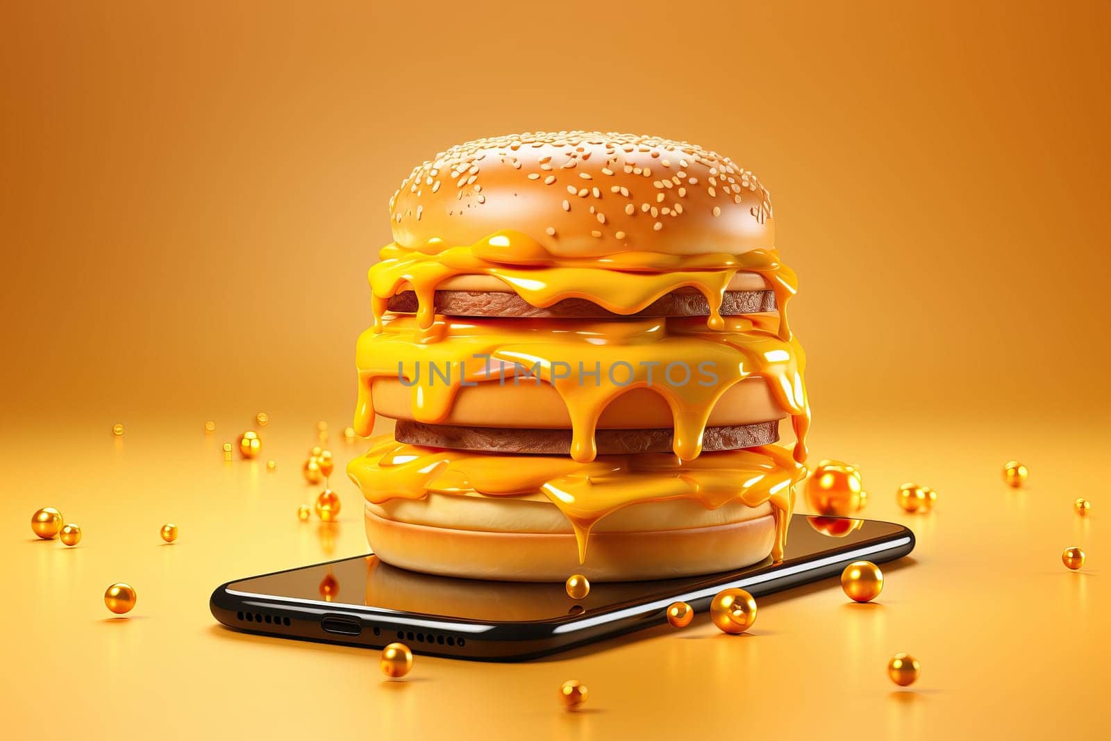 The concept of ordering burgers and fast food using phones on a yellow background.