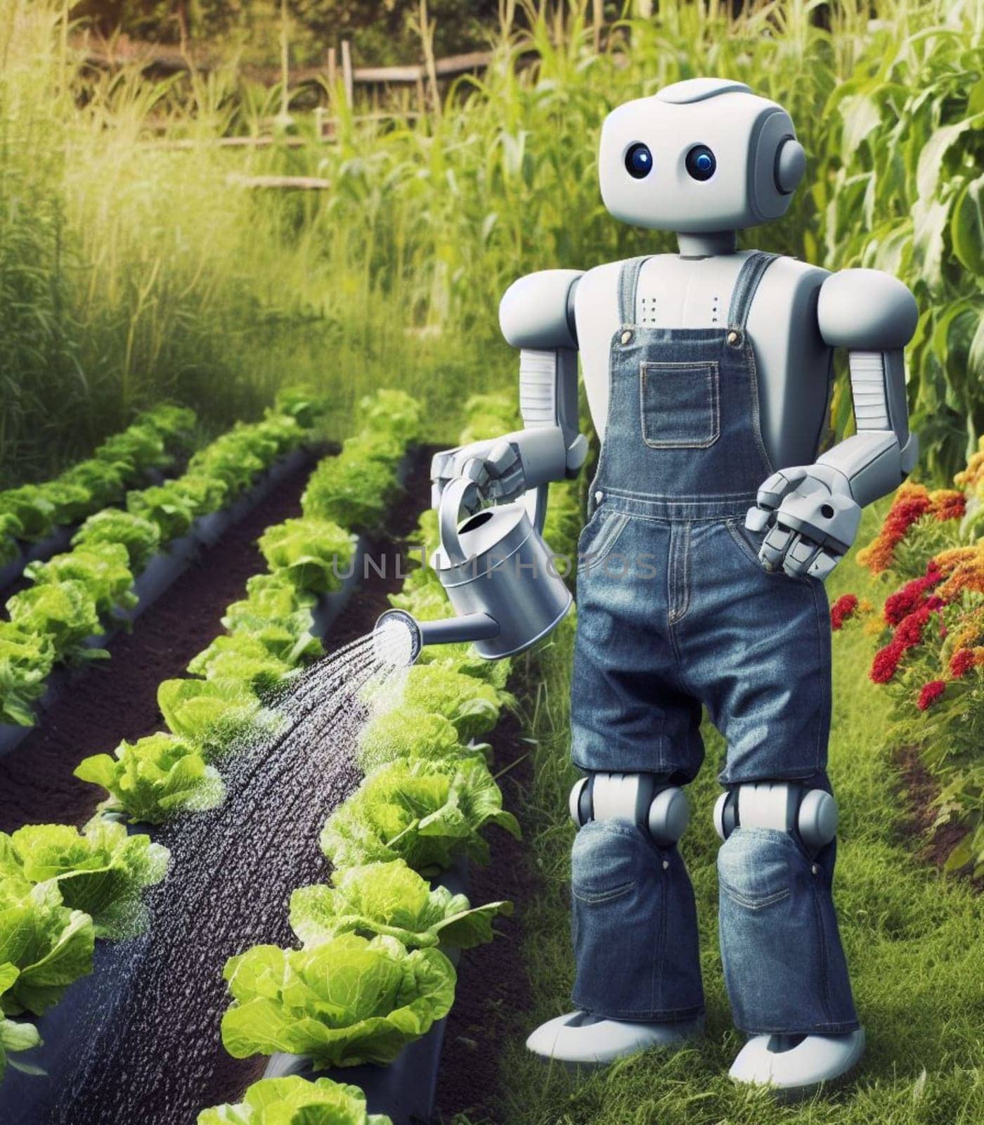 robot watering working in the farm vegetable garden to grow produce for human consumption by verbano