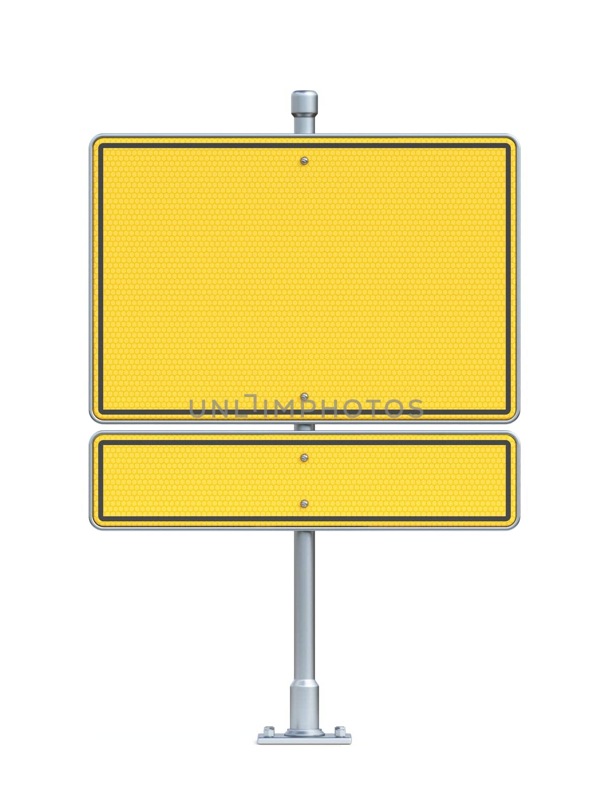Blank yellow traffic sign board two part 3D rendering illustration isolated on white background
