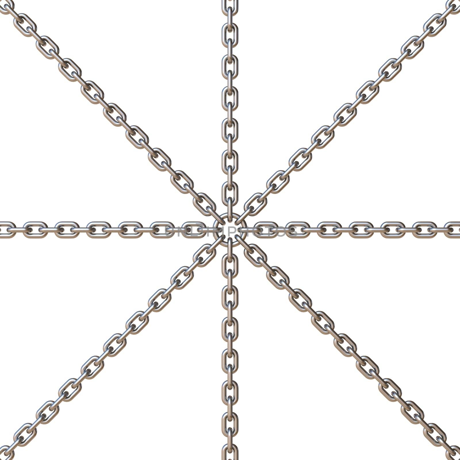 Four crossing steel chains 3D rendering illustration isolated on white background