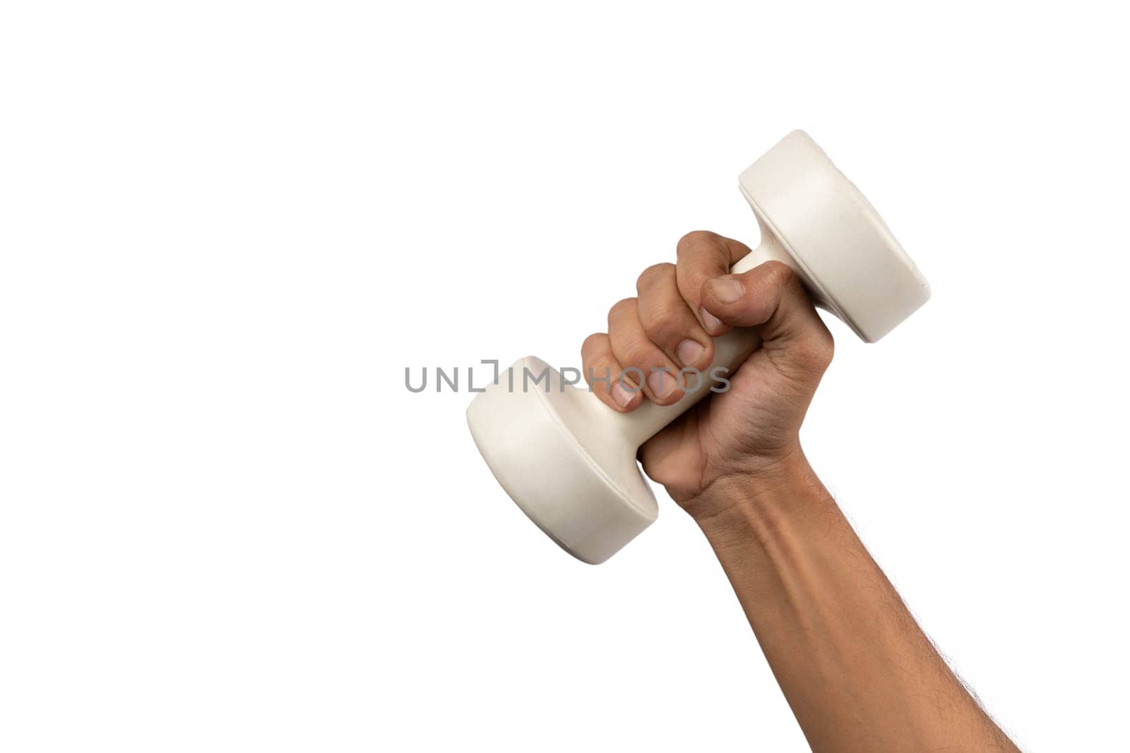 Black male hand holding a plastic white dumbell isolated, white background by TropicalNinjaStudio