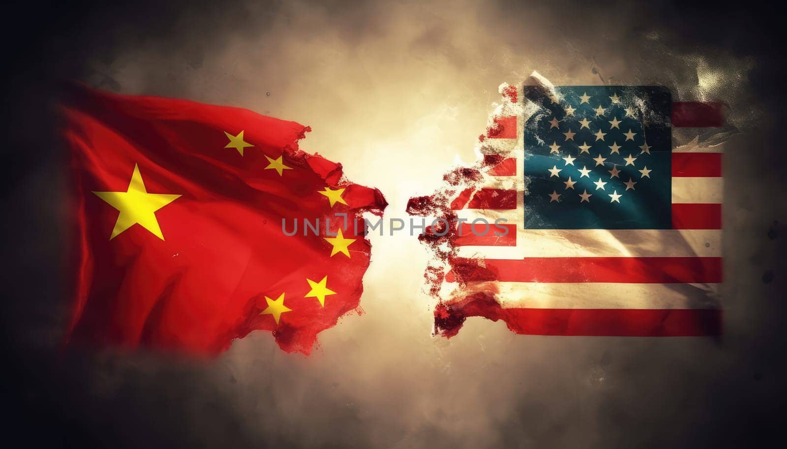 Dynamic Illustration of Torn Flags of China and USA, Symbolizing Diplomatic Tension.