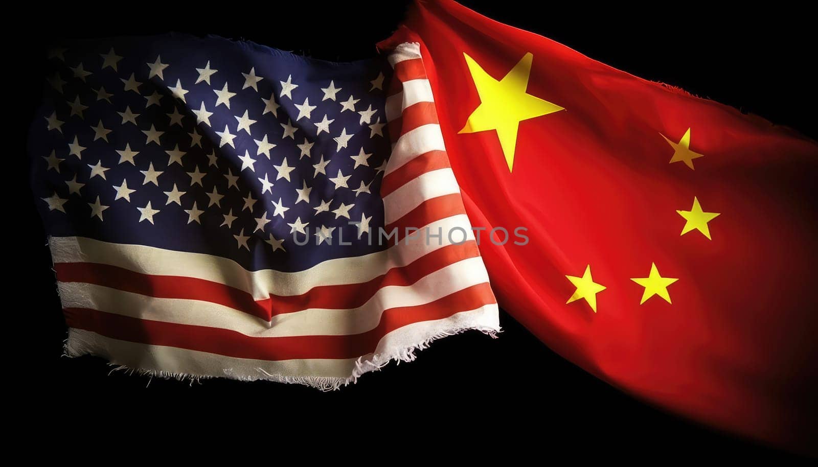 Dynamic Illustration of Torn Flags of China and USA, Symbolizing Diplomatic Tension by Dvorak