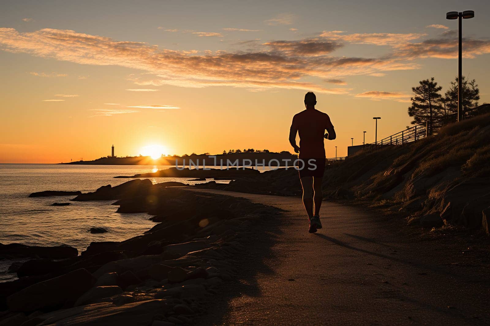 A man jogging along the seashore in the sun.