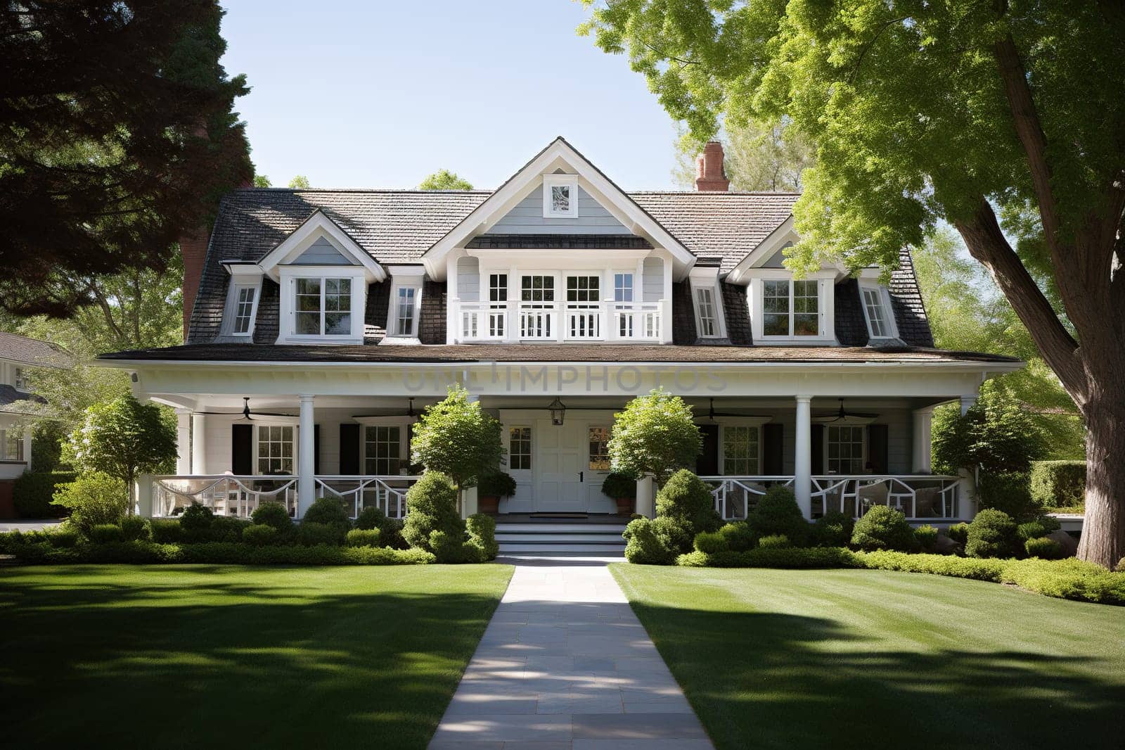 A classic American country house with a green lawn in front of the house.