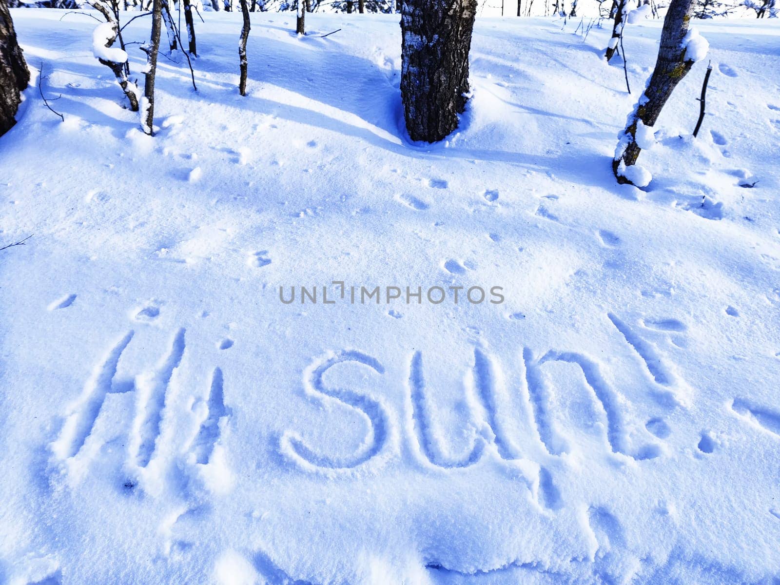 Inscription Hi Summer, written on white background of the snow. Top view. Flat lay. Winter and spring. Waiting for summer and spring