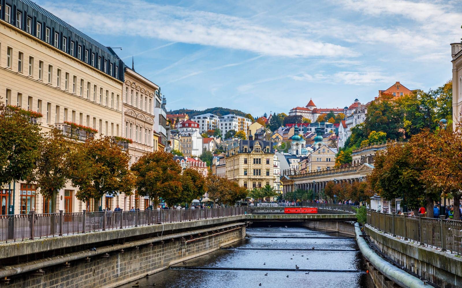 Karlovy Vary, Czech Republic - September 30, 2017: World-famous for its mineral springs, the town of Karlovy Vary (Karlsbad) was founded by Charles IV in the mid-14th century.