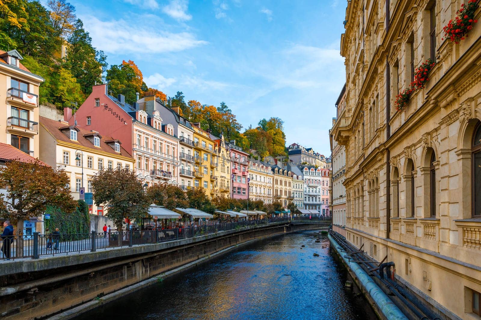 Karlovy Vary, Czech Republic - September 30, 2017: View of old town of Karlovy Vary (Carlsbad) with tourists, Czech Republic, Europe