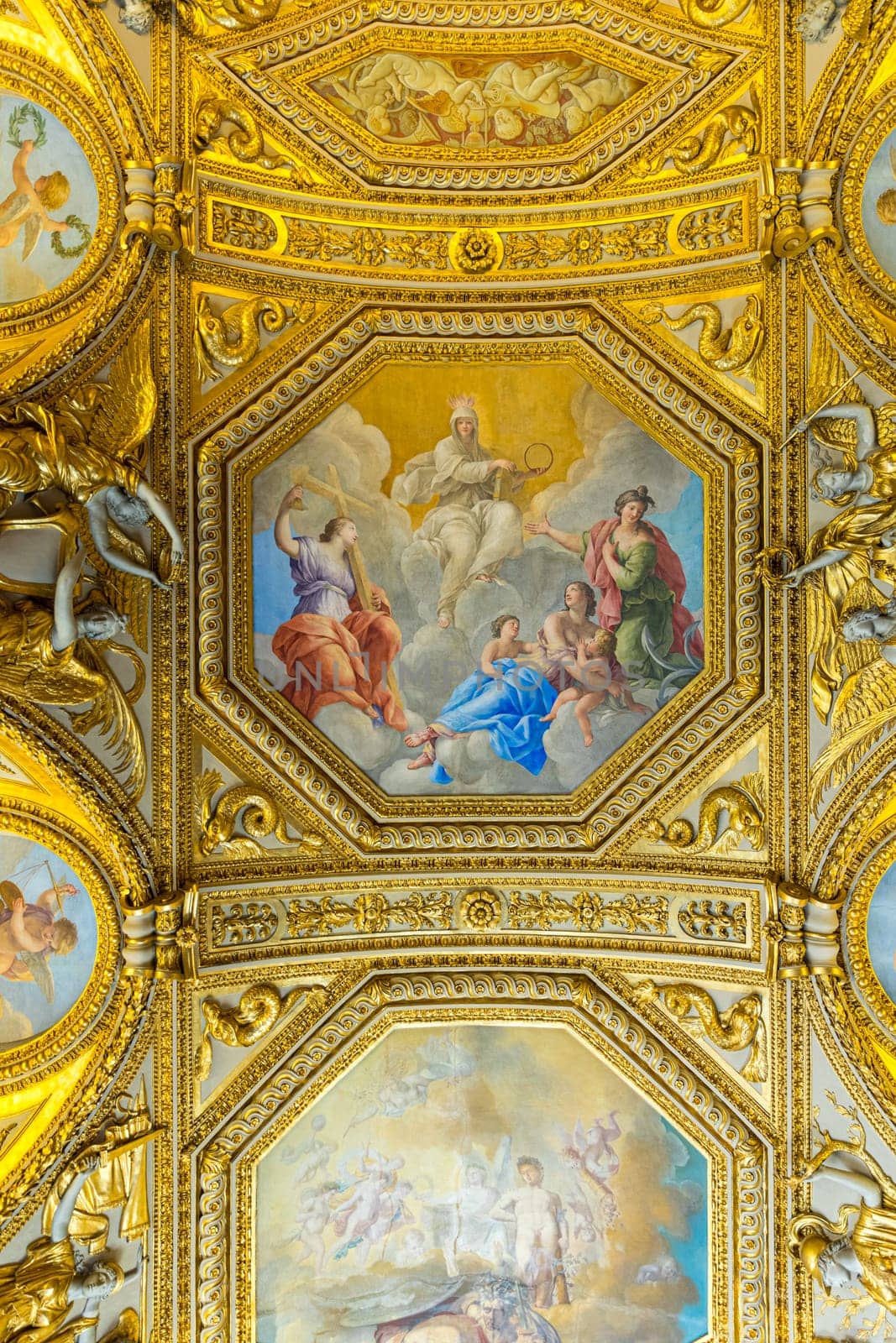 Paris, France - July 6, 2018: Louvre Museum, Paris, France. Luxury ceiling on Louvre Museum. View the beauty of Louvre ceiling in the Louvre, one of the most visited museums in the world. Paris.