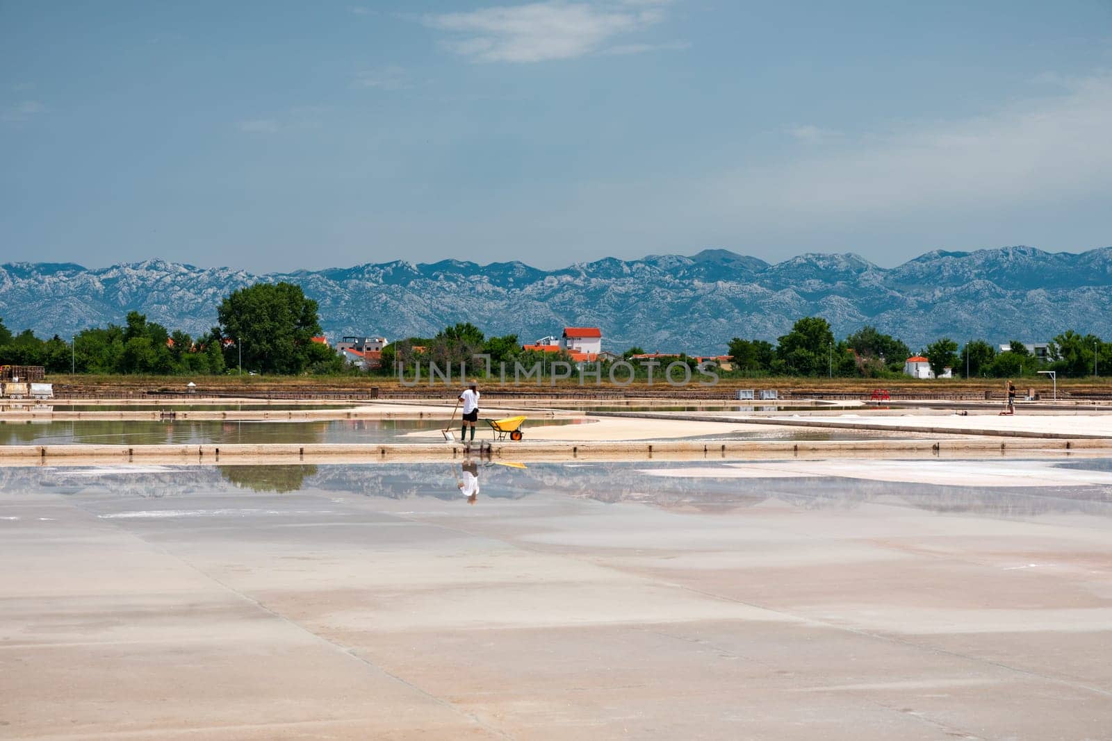 Nin, Croatia - 8 July 2021: Man picking up salt in the swamp and filling the wheelbarrow. Salt farmer harvesting the salt. Sea salt is salt that is produced by the evaporation of seawater.