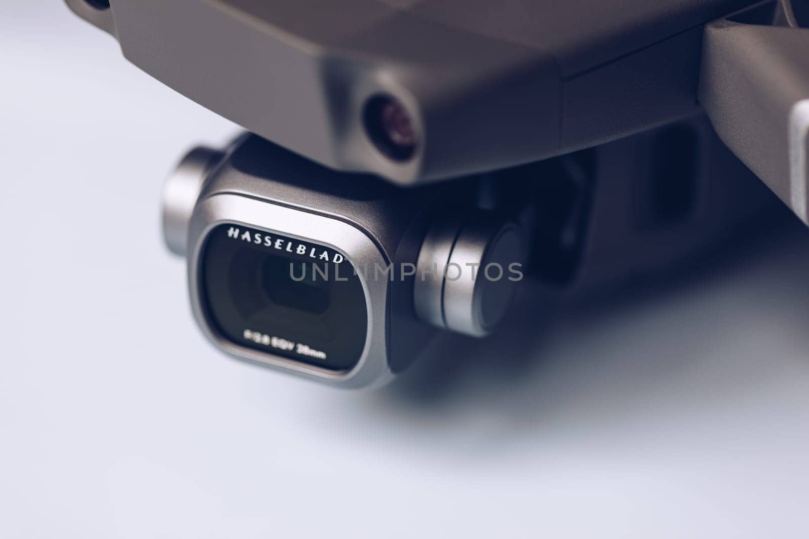 Prague, Czech Republic - August 31 , 2018: DJI Mavic 2 Pro closeup, on white background. DJI Mavic 2 Pro one of the most portable drones in the market, with Hasselblad camera.