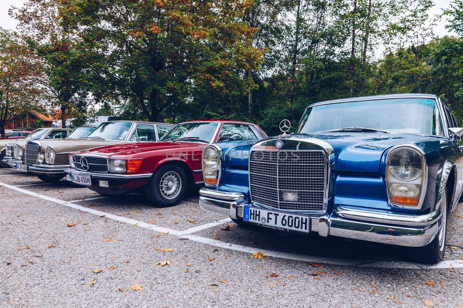 Bavaria, Germany - September 22, 2018: Collection of old Mercedes-Benz cars in a parking lot in Bavaria: Mercedes-Benz 600, Mercedes-Benz 380 SL, Mercedes-Benz 280 SE, Mercedes-Benz W114 or W115.