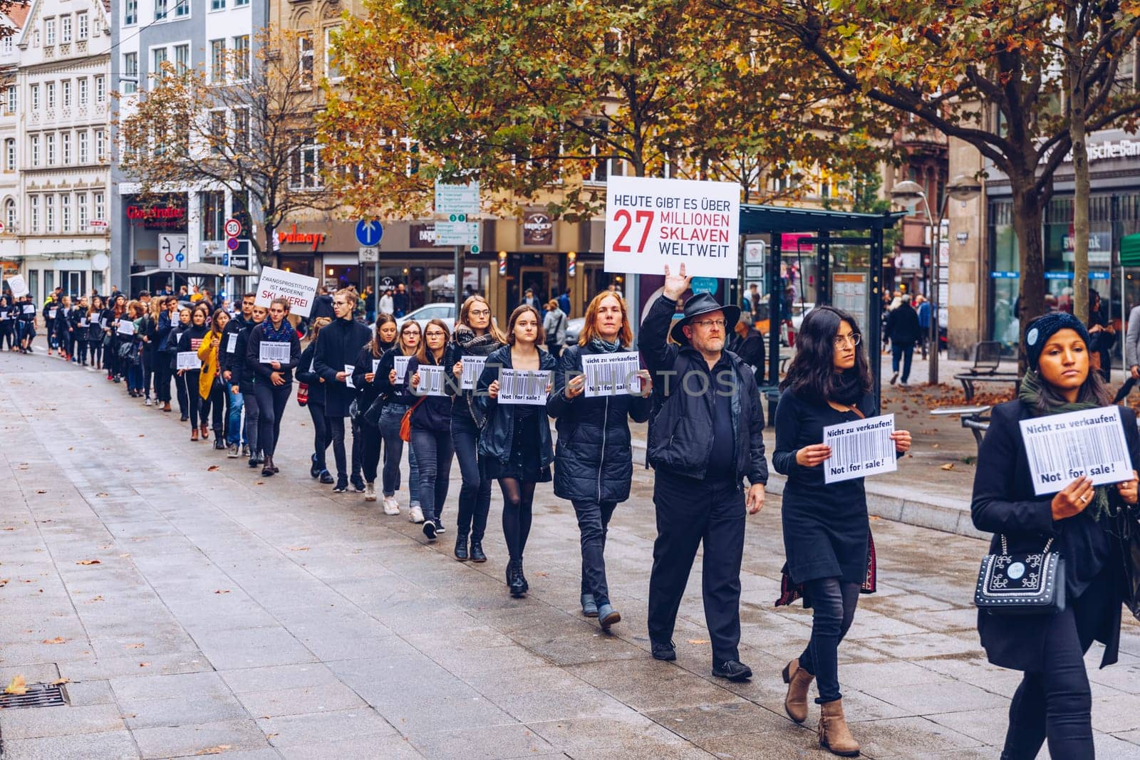 Stuttgart, Germany - October 19, 2019: Demonstration against human trafficking. Not for sale. Human is not a product. 