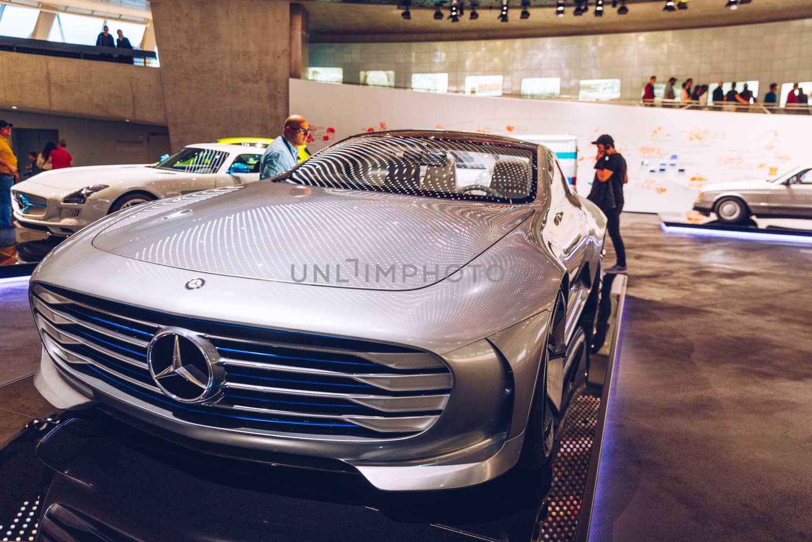 Stuttgart, Germany - October 19, 2019: Historic Mercedes cars associated with the brand are presented in the Mercedes-Benz museum in Stuttgart. Interior of the Mercedes Benz Museum in Stuttgart.