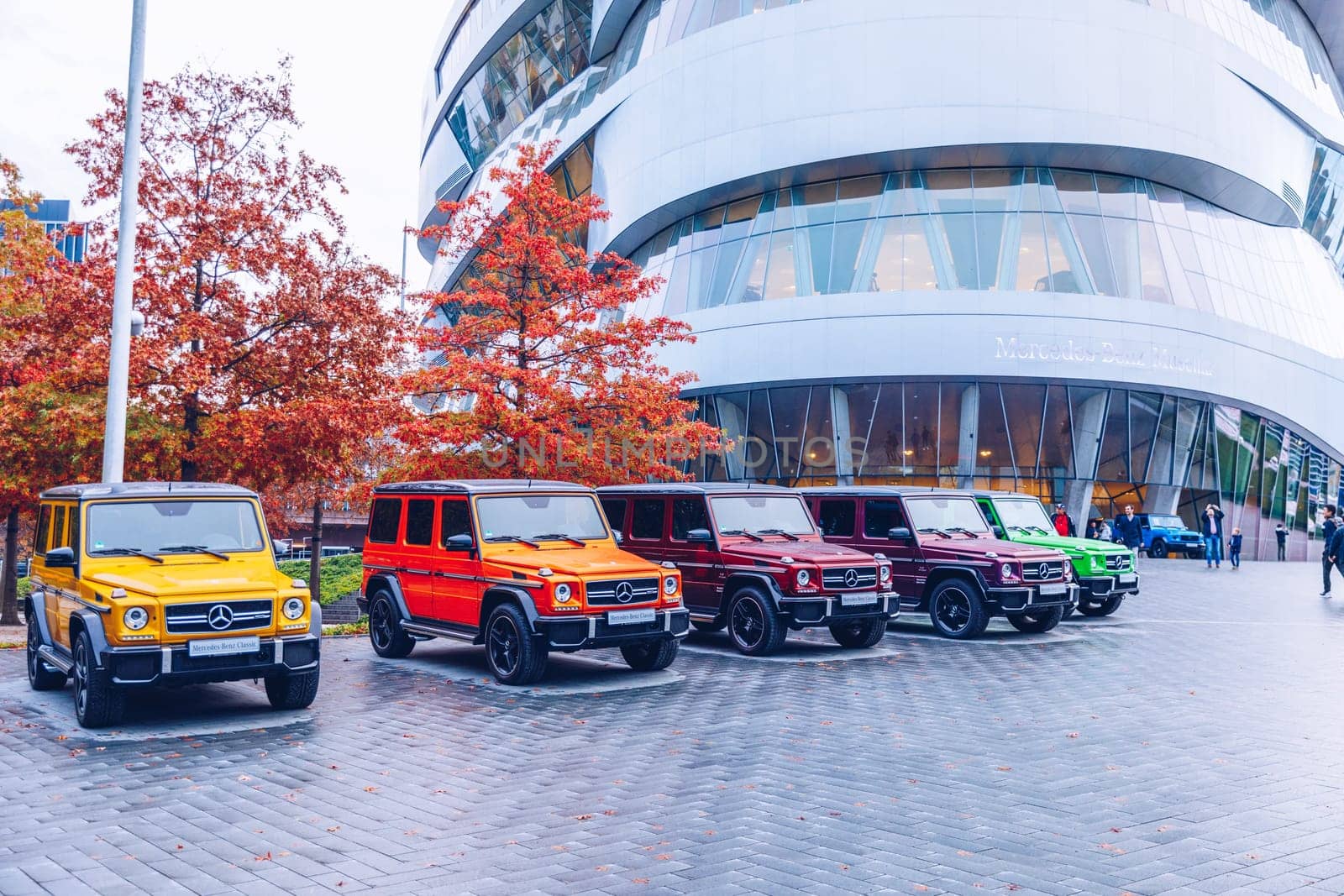 Stuttgart, Germany - October 19, 2019: Historic Mercedes cars associated with the brand are presented in the Mercedes-Benz museum in Stuttgart. Interior of the Mercedes Benz Museum in Stuttgart.