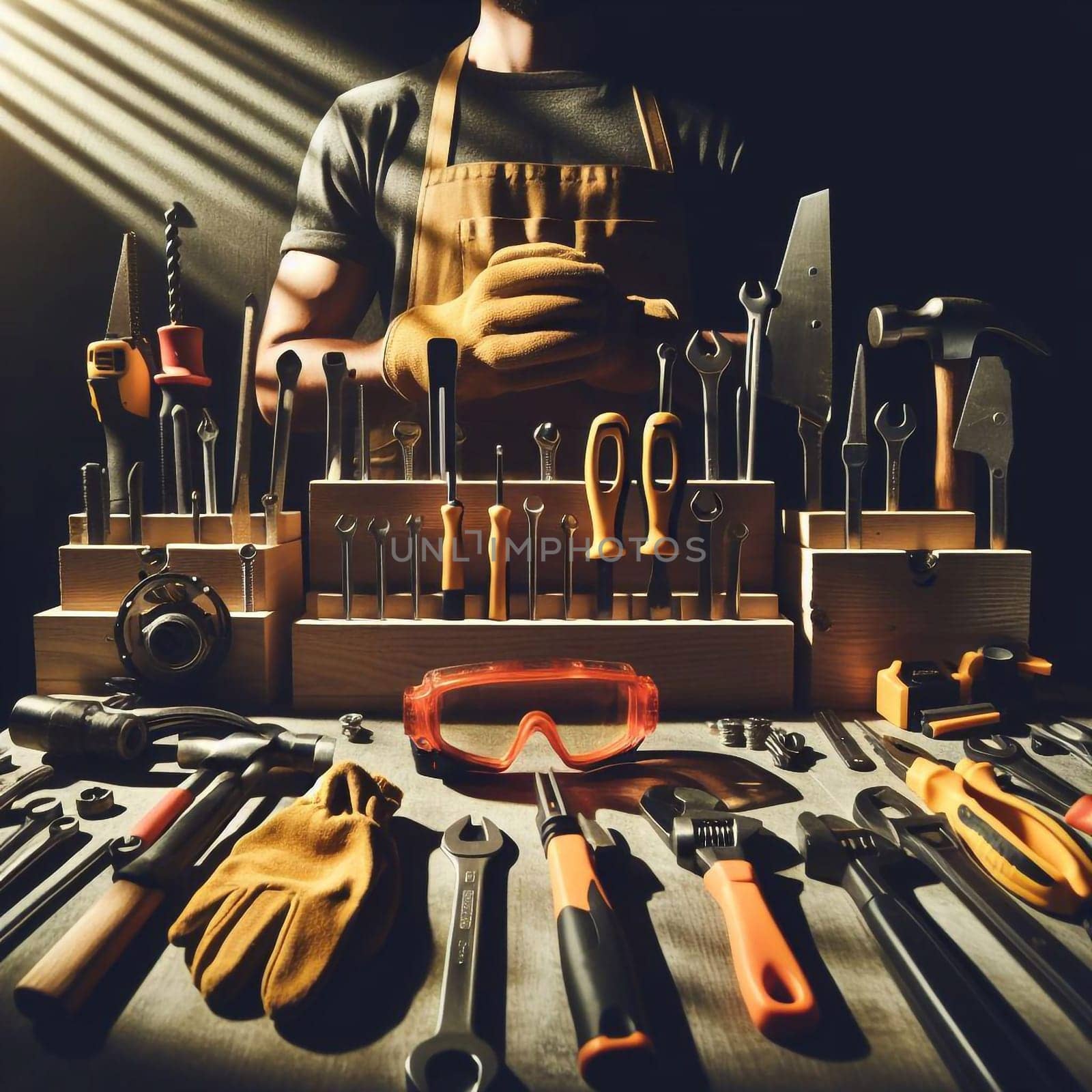 Worker's tools are stored in a the workshop