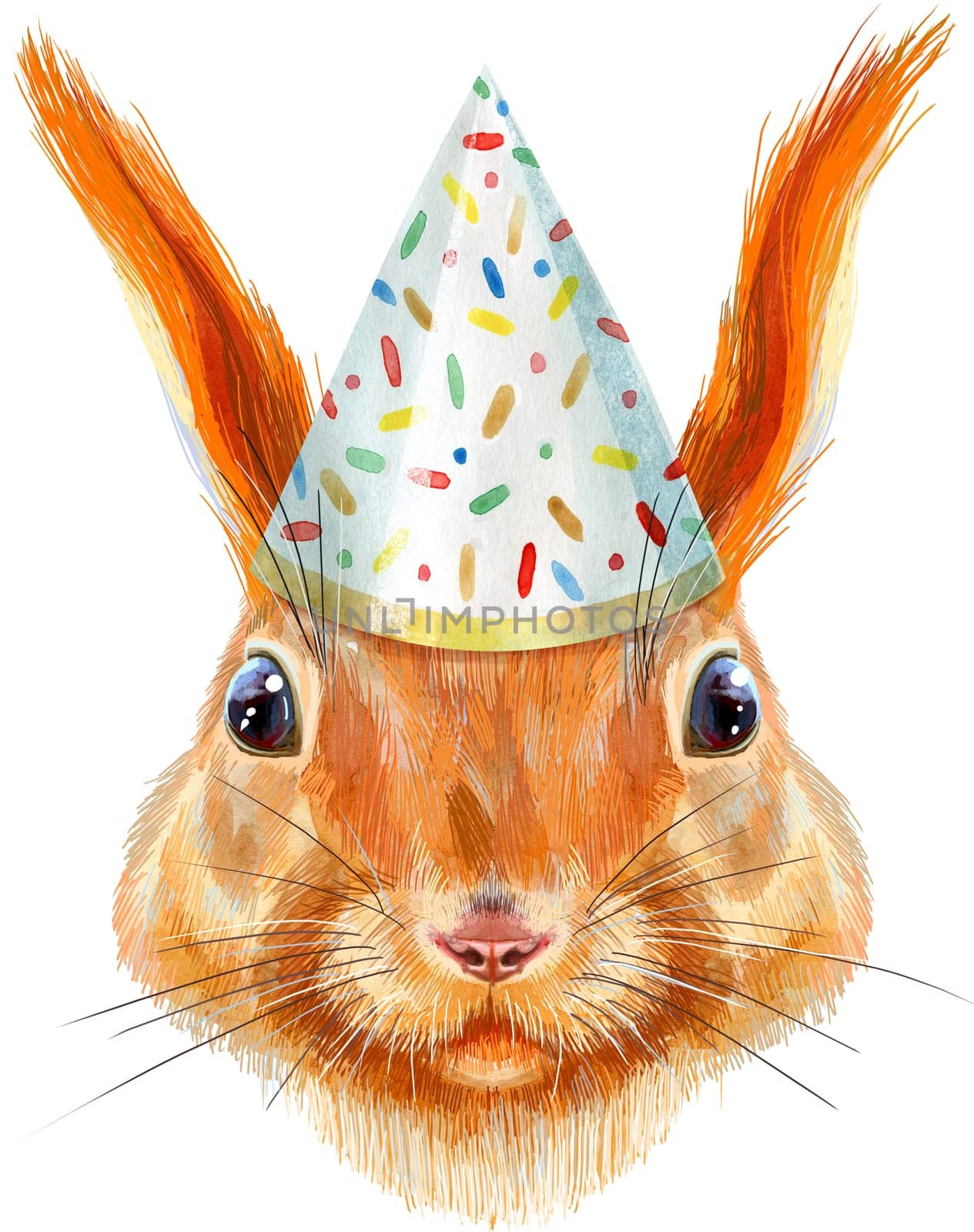 Watercolor hand drawn illustration of squirrel in party hat by NataOmsk