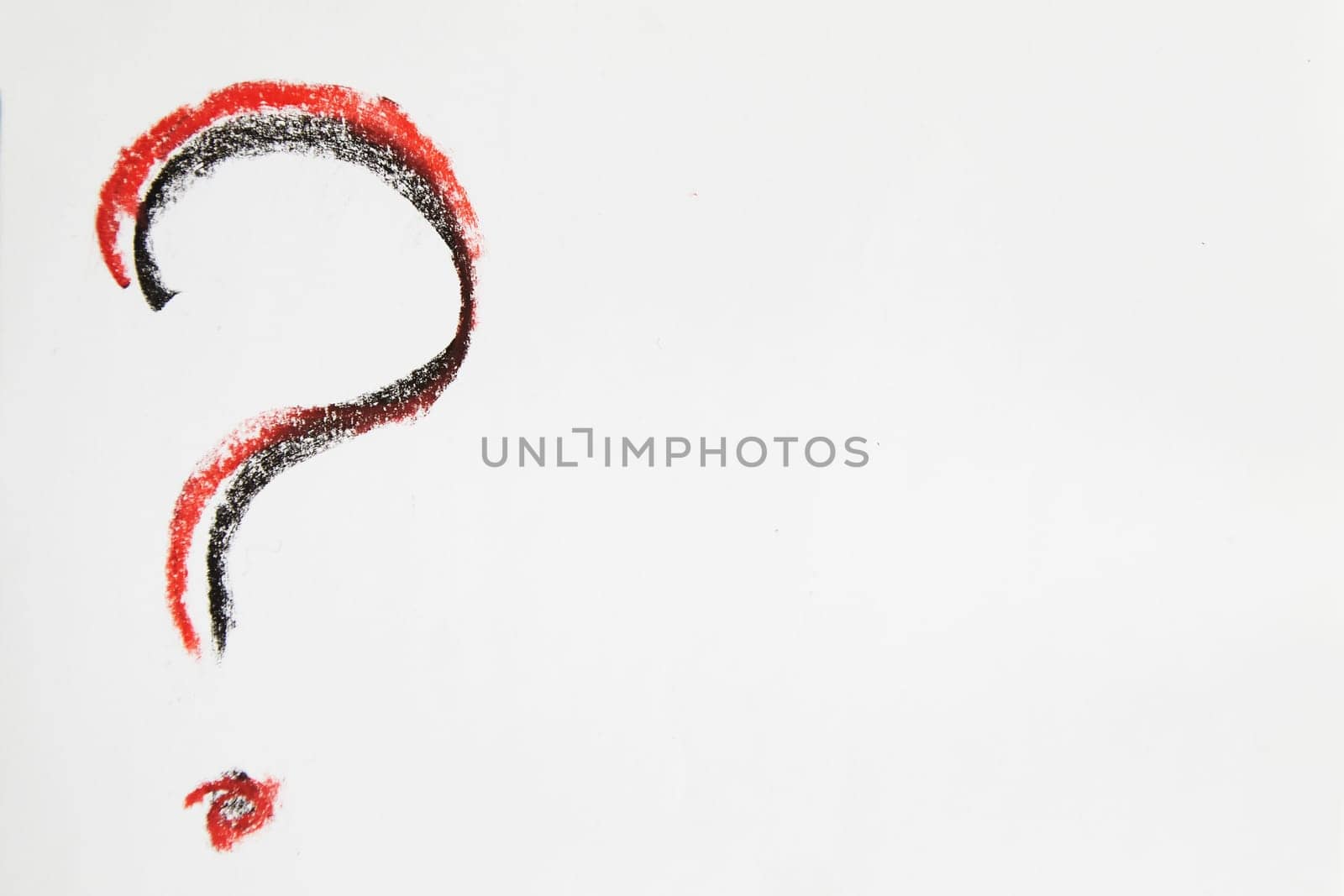 Hand-drawn question mark, boldly marked in black on white sheet of paper, symbolizing the concept of questioning, uncertainty, and the search for information
