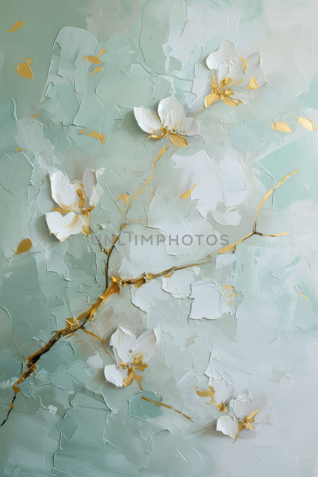 Abstract Floral Art with Gold Leaf Accents, Elegant White Blossoms on Pale Green Background by Dvorak