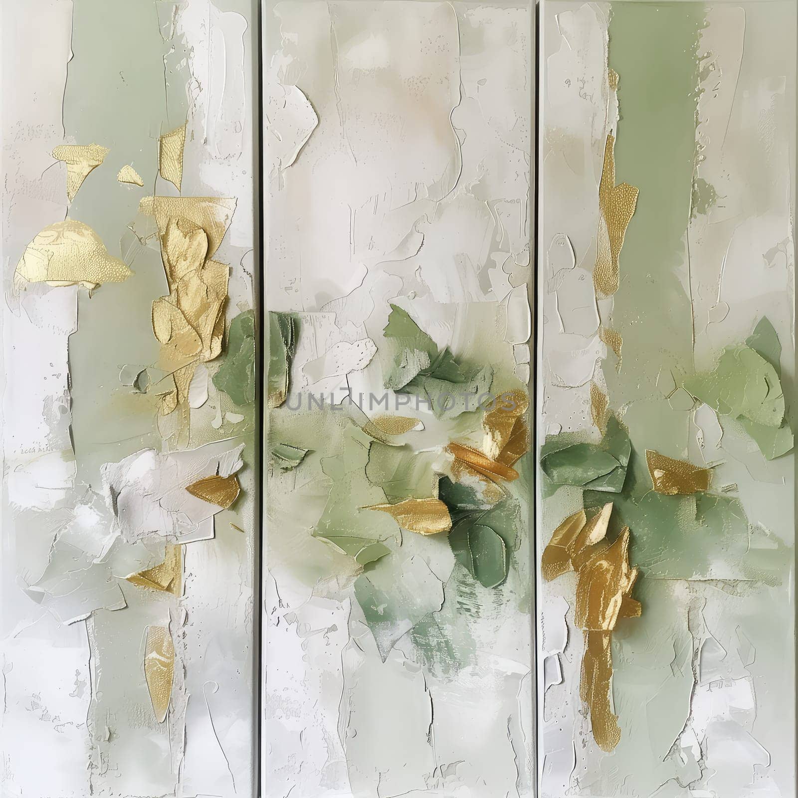 Abstract Triptych Canvas in Pale Green and Gold, Ideal for Modern Home Decor.