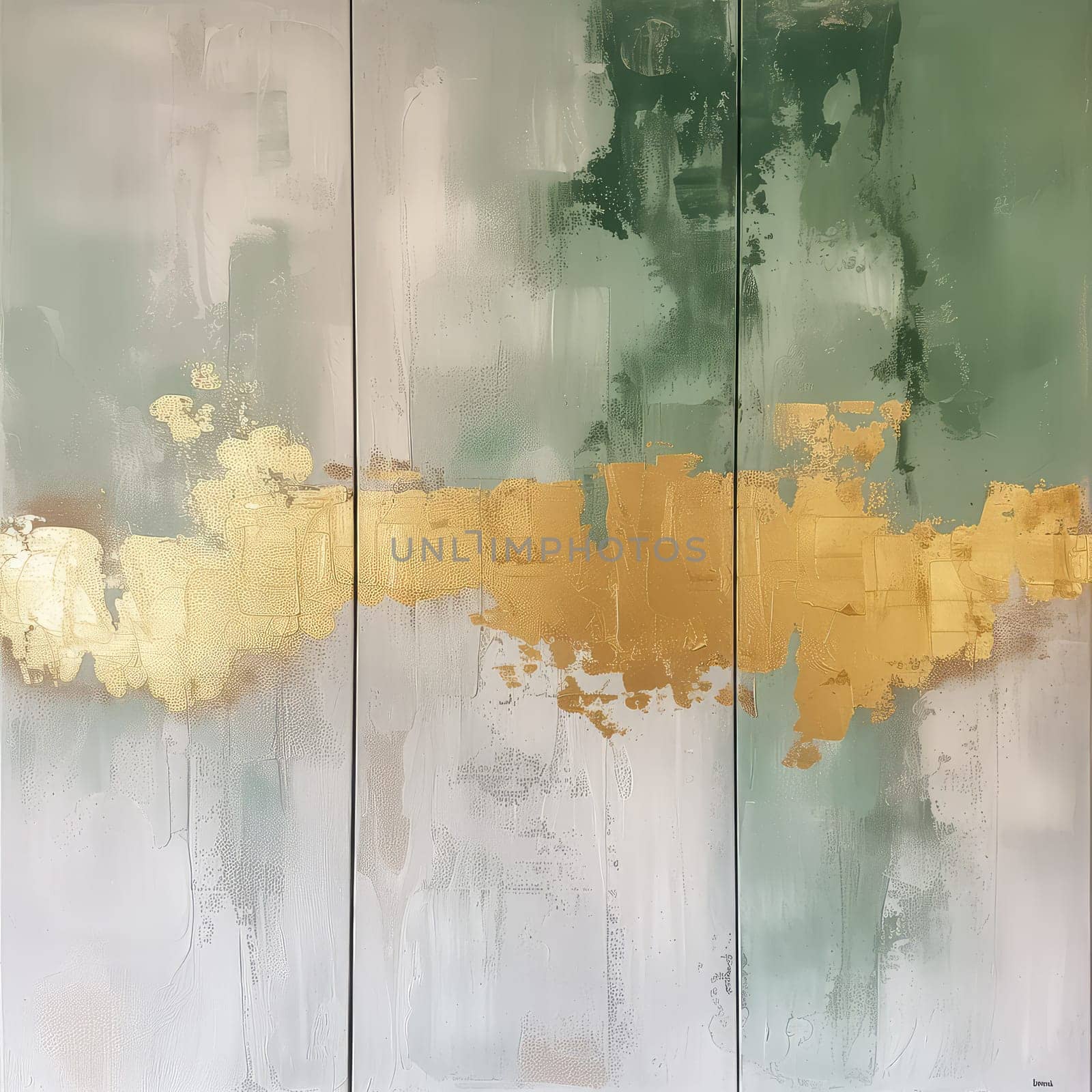 Abstract Triptych Canvas in Pale Green and Gold, Ideal for Modern Home Decor.